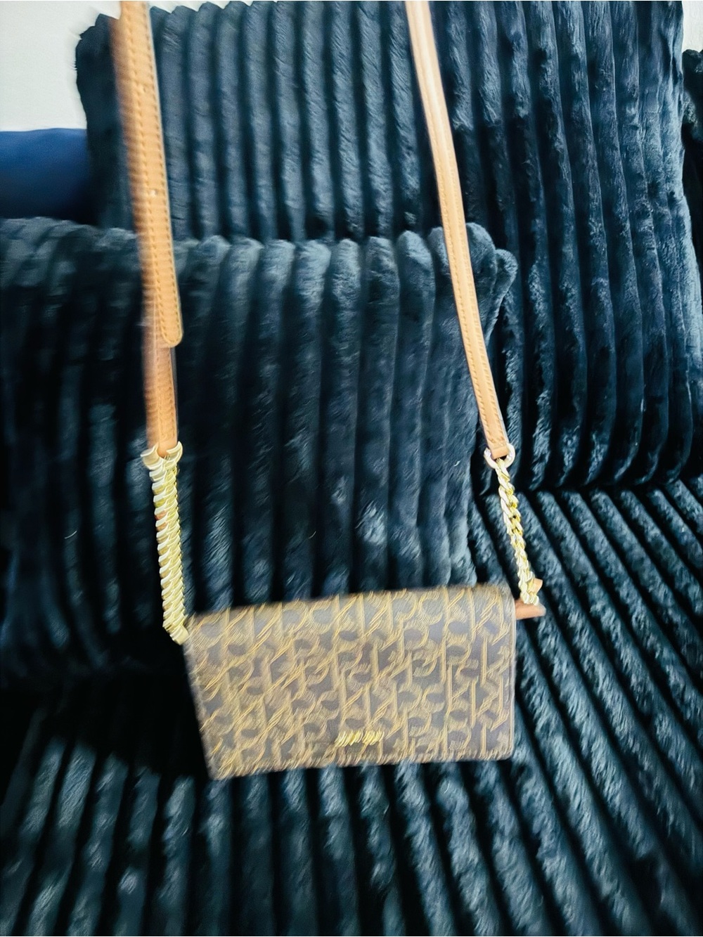Calvin Klein Brown Monogram Crossbody with Gold Chain Accents